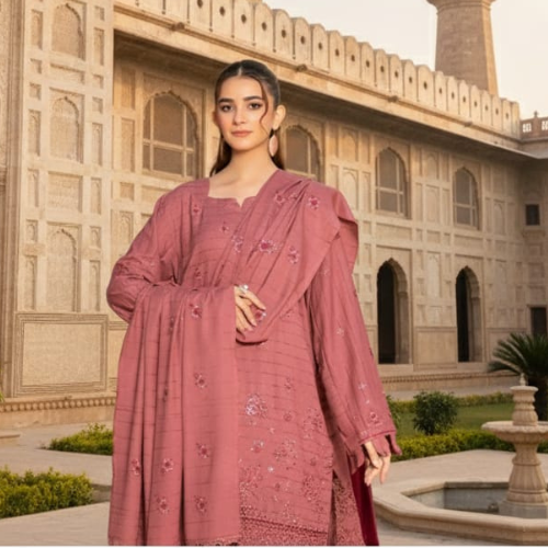 Areej Manha Vol-20 Dusty Rose Embroidered Winter Suit | Luxury Winter Outfit