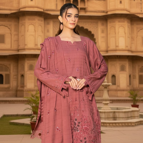 Areej Manha Vol-20 Dusty Rose Embroidered Winter Suit | Luxury Winter Outfit