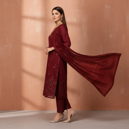 Regal Maroon Velvet & Dhanak Embroidered Winter Suit - Use & Reuse