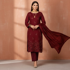 Regal Maroon Velvet & Dhanak Embroidered Winter Suit - Use & Reuse